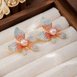 18K Gold-Plated Enamel Flower Pearl Earrings