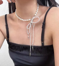 Beaded Bow Pearl Necklace Strap X3985