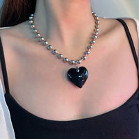 Collier Cœur Noir-Chaîne de perles